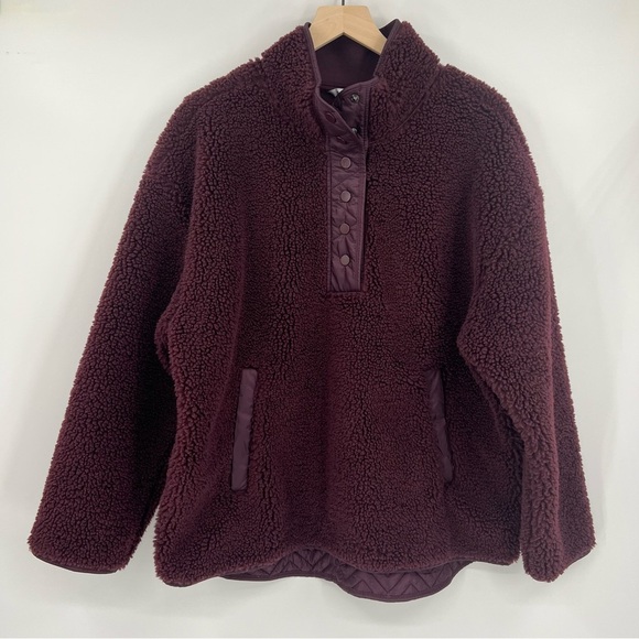 Athleta Cozy Sherpa Snap Sweatshirt XL Pullover Fuzzy Warm Oversized Burgundy - Picture 1 of 6